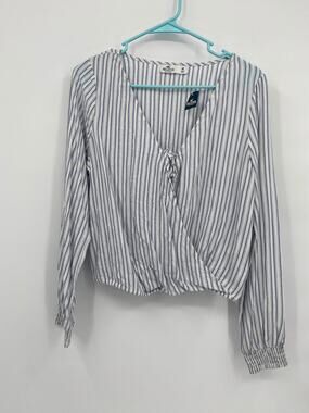 Hollister Blue White Stripe Long Sleeve Crop Wrap Top Medium NEW